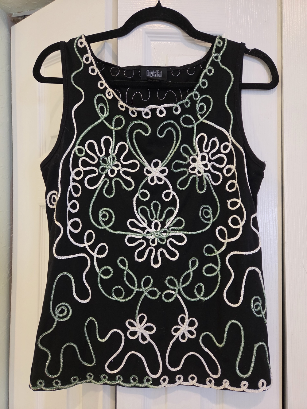 Vintage Y2k Black Embroidered Floral Tank Top with Mint, White, and Silver